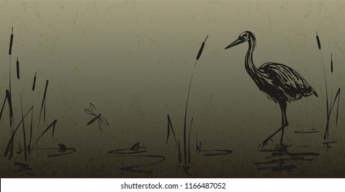 Heron in the swamp. Ink imitation digital painting.