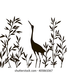 heron in thicket of branches with leaves,crane bird and bamboo shoots,hand drawn vector illustration