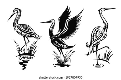 Heron or wader birds vector icons, black hern silhouettes stand in swamp water with reeds. Egrets with ornate body wading in marsh side view, tattoo design emblems isolated on white background set