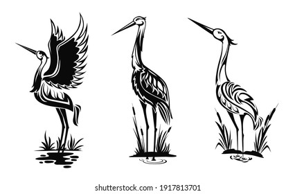 Heron or wader birds vector icons, black hern silhouettes stand in swamp water with reeds isolated on white side view wading in marsh, egrets with ornate body for tattoo design, monochrome emblems set