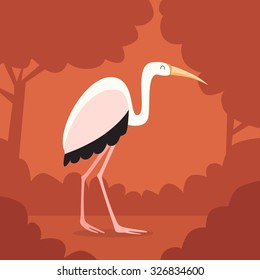 Heron White Bird Orange Forest Background Flat Vector Illustration