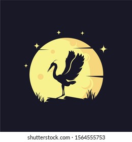 Heron with Yellow Moon Background Logo Template