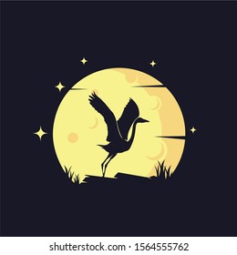 Heron with Yellow Moon Background Logo Template
