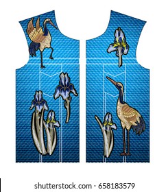 Heron-crane embroidery with iris flowers.  Vector fashion embroidered design on jeans background for textile.