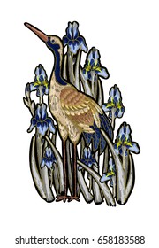 Heron-crane embroidery with iris flowers.  Vector fashion embroidered design on white background for textile.