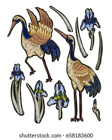 Heron-crane embroidery with iris flowers.  Vector fashion embroidered desing on white background for textile.