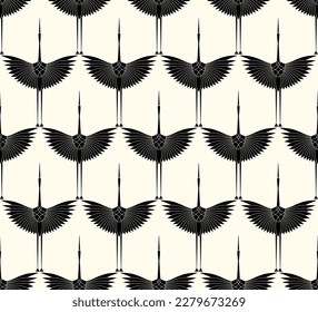 Herons in Art Deco style. Seamless Pattern for interior decoration, textiles. Fashionable home decor. Vector illustration texture isolated on white vintage background