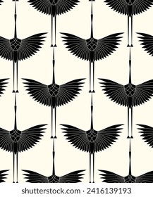 Herons in Art Deco style. Seamless Pattern for interior decoration, textiles. Fashionable home decor. Vector illustration texture isolated on white vintage background