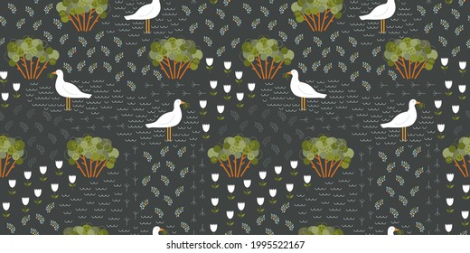 Los garzas atrapan ranas sin fisuras. Fondo de ilustración vectorial oscuro con elementos decorativos florales y acuáticos. Diseño plano de forma simple. Lago o pantano nocturno o nocturno. Diseño textil. Waterfowl