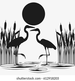 Herons Couple Black Silhouettes. Wetland And Sunset. Isolated On White Background. Flat Vector Stock Illustration