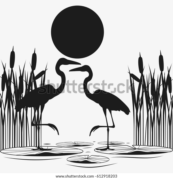 Herons Couple Black Silhouettes Wetland Sunset Stock Vector (Royalty ...