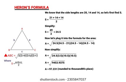 Heron's formula to find the area of a triangle on isolated background vector.