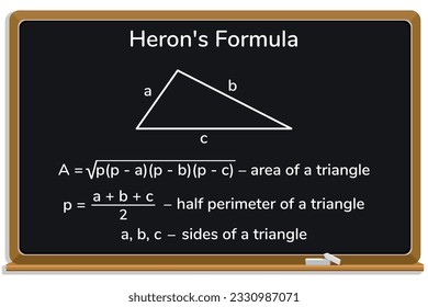 La fórmula de Heron en una pizarra negra.  Área de un triángulo. Escuela. Matemáticas. Ilustración vectorial.