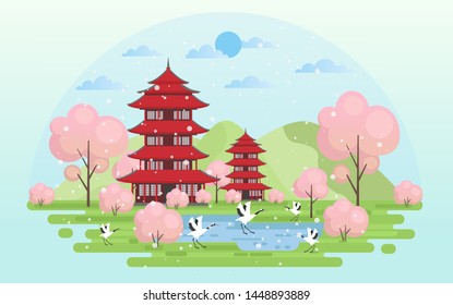 Herons are happily living together in the public park garden have cherry blossoms are blooming and snowing in japan with a five story red pagoda on the side. park vector,illustrator