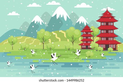 Herons are happily living together in the public park garden have cherry blossoms are blooming and snowing in japan with a five story red pagoda on the side. park vector,illustrator