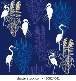 Herons and marsh plants. Seamless pattern. Orange and red. 