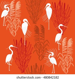 Herons and marsh plants. Seamless pattern. Orange and red.