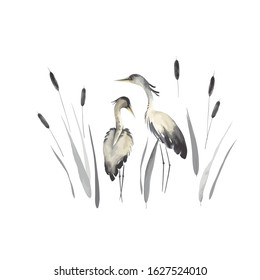 Herons in oriental style with cattails, wildlife illustration, vector isolated in vintage watercolor style.