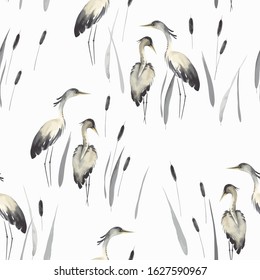 Herons in oriental style with cattails, wildlife illustration, seamless pattern. Vector print in vintage watercolor style.