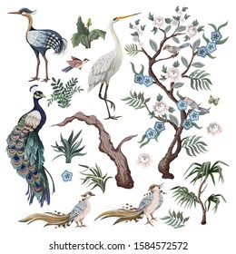 Herons, peacock, peonies and bird in chinoiserie style isolated. Vector. 