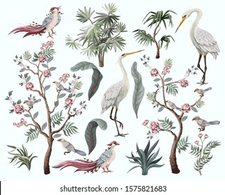 Herons, peonies and bird in chinoiserie style isolated. Vector. 