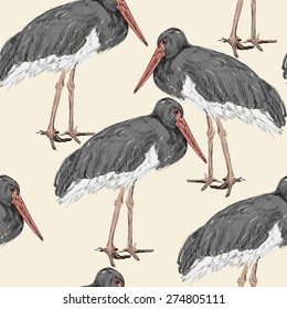 herons sketch on a beige  background. Seamless pattern