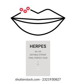 Herpes of the lips pixel perfect icon with editable stroke.Cold sores concept.Vector illustration isolated on white background.