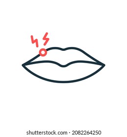 Herpes en el icono de línea de labios. Blister, Dolorosamente Pimple e Infección en el icono de contorno de labios. Enfermedad del virus Herpes. Stroke editable. Ilustración de vectores aislados.