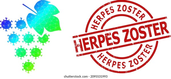 Herpes Zoster Grunge Stamp Seal And Low-poly Rainbow Colored Virus Grape Bunch Icon With Gradient. Red Stamp Seal Contains HERPES ZOSTER Text Inside Round And Lines Form.