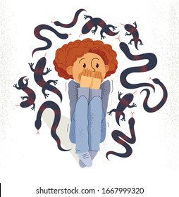 Herpetophobia fear of reptiles snakes and lizards vector illustration, boy surrounded by imaginary reptiles in panic attack and fear, mental health concept.