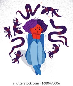 Herpetophobia fear of reptiles snakes and lizards vector illustration, girl surrounded by imaginary reptiles in panic attack and fear, mental health concept.