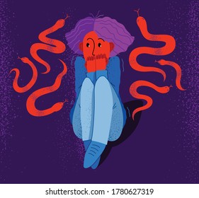 Herpetophobia fear of reptiles snakes and lizards vector illustration, girl surrounded by imaginary reptiles in panic attack and fear, mental health concept.