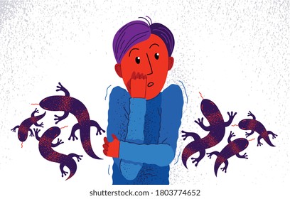 Herpetophobia fear of reptiles snakes and lizards vector illustration, boy surrounded by imaginary reptiles in panic attack and fear, mental health concept.