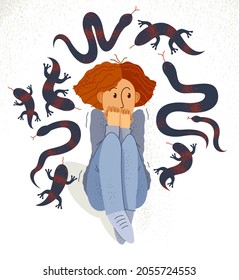 Herpetophobia fear of reptiles snakes and lizards vector illustration, girl surrounded by imaginary reptiles in panic attack and fear, mental health concept.