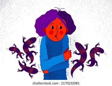 Herpetophobia fear of reptiles snakes and lizards vector illustration, girl surrounded by imaginary reptiles in panic attack and fear, mental health concept.