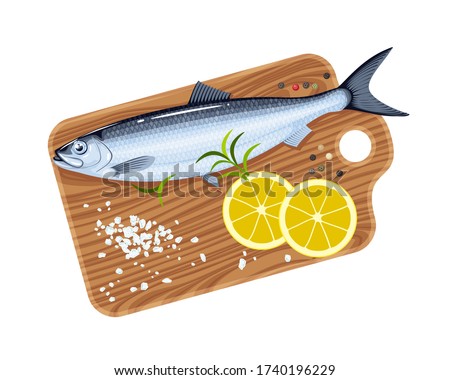 Herring fish on cutting board with lemon, salt and pepper. Vector illustration cartoon flat icon isolated on white background. Stock photo © 