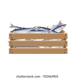 Herring fish in wooden crate. Vector illustration