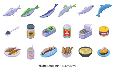 Los iconos de arenque establecen un vector isométrico. bacalao de pescado. Trucha de agua