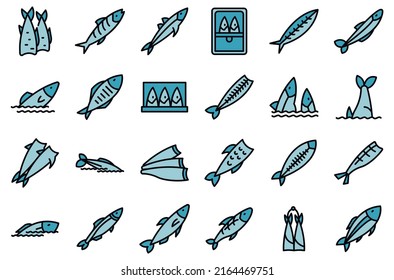 Herring icons set outline vector. Fish cod. Water trout thin line color flat on white