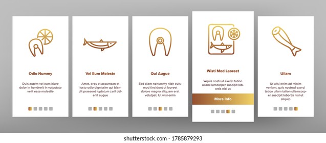 Herring Marine Fish Onboarding Mobile App Page Screen Vector. Herring Sliced Piece And Fillet, Skeleton And Carcass, Cooked And Frozen, Package And Box Illustrations