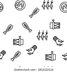 Herring Marine Fish Vector Seamless Pattern Thin Line Illustration