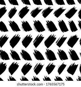 El pincel de hueso de arenque traza un patrón sin fisuras vectorial. Textura de chevron o papel tapiz. Patrón geométrico negro grueso, fondo de vector tribal dibujado a mano. Ilustración de pincel gráfico pinceladas zig zag con tinta.