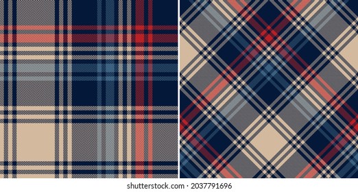 Herringbone check plaid pattern vector in navy blue, red, beige. Seamless dark large tartan background graphic for blanket, duvet cover, other modern spring autumn winter fashion fabric design.