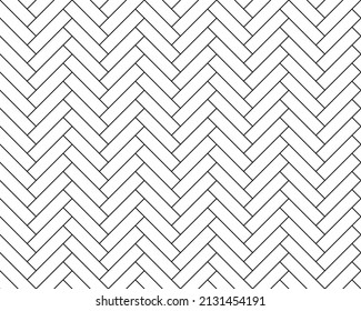 Herringbone floor seamless pattern. Zigzag panels and planks. Modern interior flooring design. Wooden parquet design texture. Realistic diagonal texture. Black and white vector illustration.