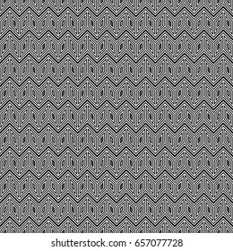 Herringbone motif. Black zigzag weaving lines. Jagged stripes. Seamless surface pattern design with rhombuses blocks ornament. Mosaic parquet wallpaper. Digital paper, page fills, print. Vector art.