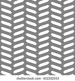 Herringbone motif. Seamless surface pattern design with white hexagons tessellation ornament. Mosaic parquet wallpaper. Black zigzag weaving lines. Jagged strokes. Digital paper, page fills. Vector.