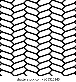 Herringbone motif. Seamless surface pattern design with white hexagons tessellation ornament. Mosaic parquet wallpaper. Black zigzag weaving lines. Jagged strokes. Digital paper, page fills. Vector.