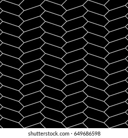 Herringbone motif. White zigzag weaving lines. Jagged stripes. Seamless surface pattern design with hexagons blocks ornament. 