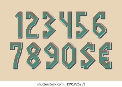 Herringbone pattern numbers with currency signs in exotic style.