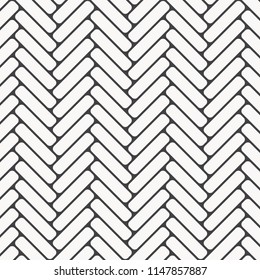 Herringbone pattern. Rectangles rounded corner slabs tessellation with white slant blocks tiling. Floor cladding bricks. Repeated tiles ornament background. Mosaic motif. Pavement wallpaper